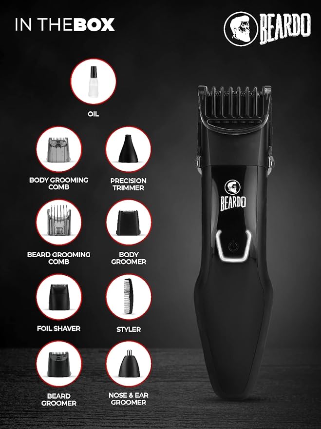 Beardo Multipurpose Trimmer Kit For Men | 21 Length Settings | 6 attachments | Beard/Hair/Body/Precision/Ear/Nose Trimmer | With Dock | 60 min. run time | Stainless Steel Blades