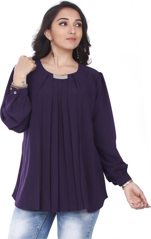 Cuffed Sleeves Solid Women Purple Top hiloramart.com